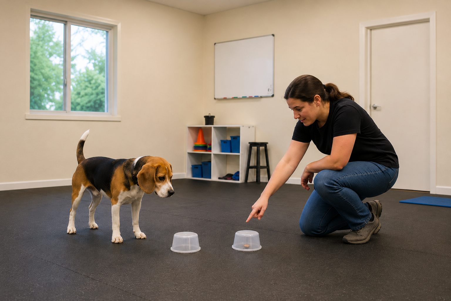 Beagle deciding whether to follow a trainer pointing toward a container