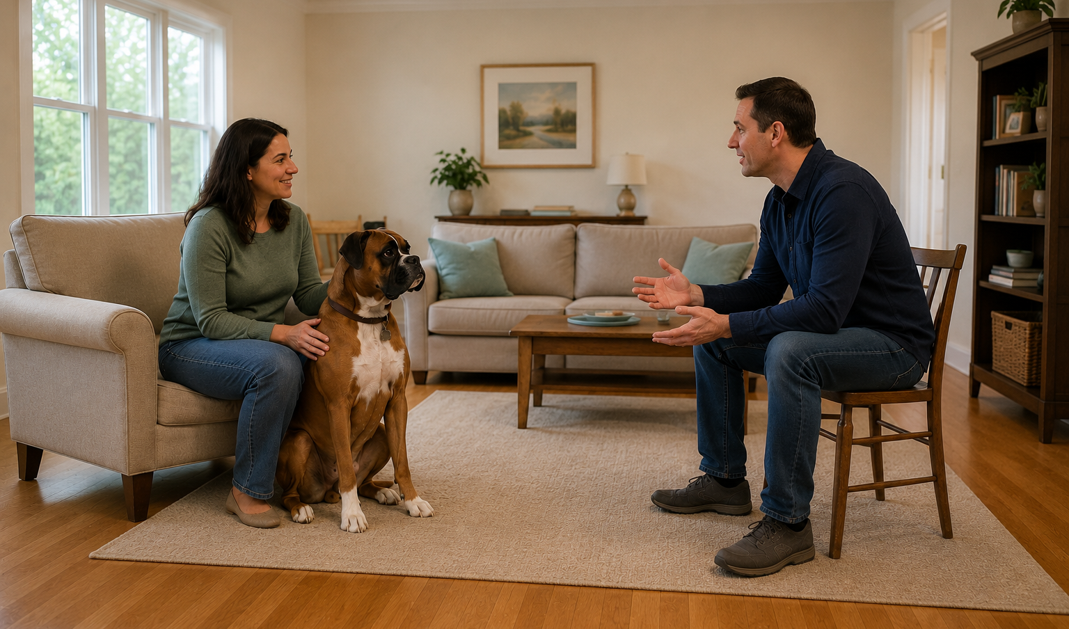 Boxer watching as its owner talks with a visitor in the living room