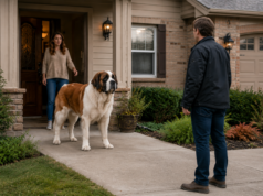 Dogs Can Recognize A Bad Person Saint Bernard standing protectively between owner and unfamiliar man