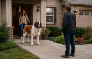 Dogs Can Recognize A Bad Person Saint Bernard standing protectively between owner and unfamiliar man