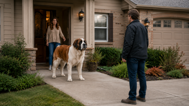 Saint Bernard standing protectively between owner and unfamiliar man