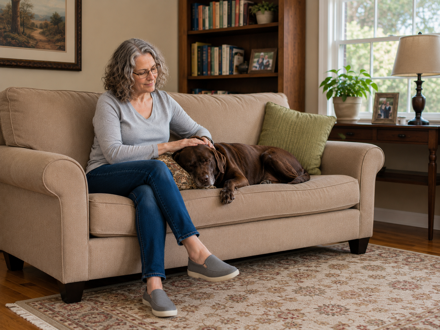 Quiet dog resting beside its owner and showing depression-like behavior