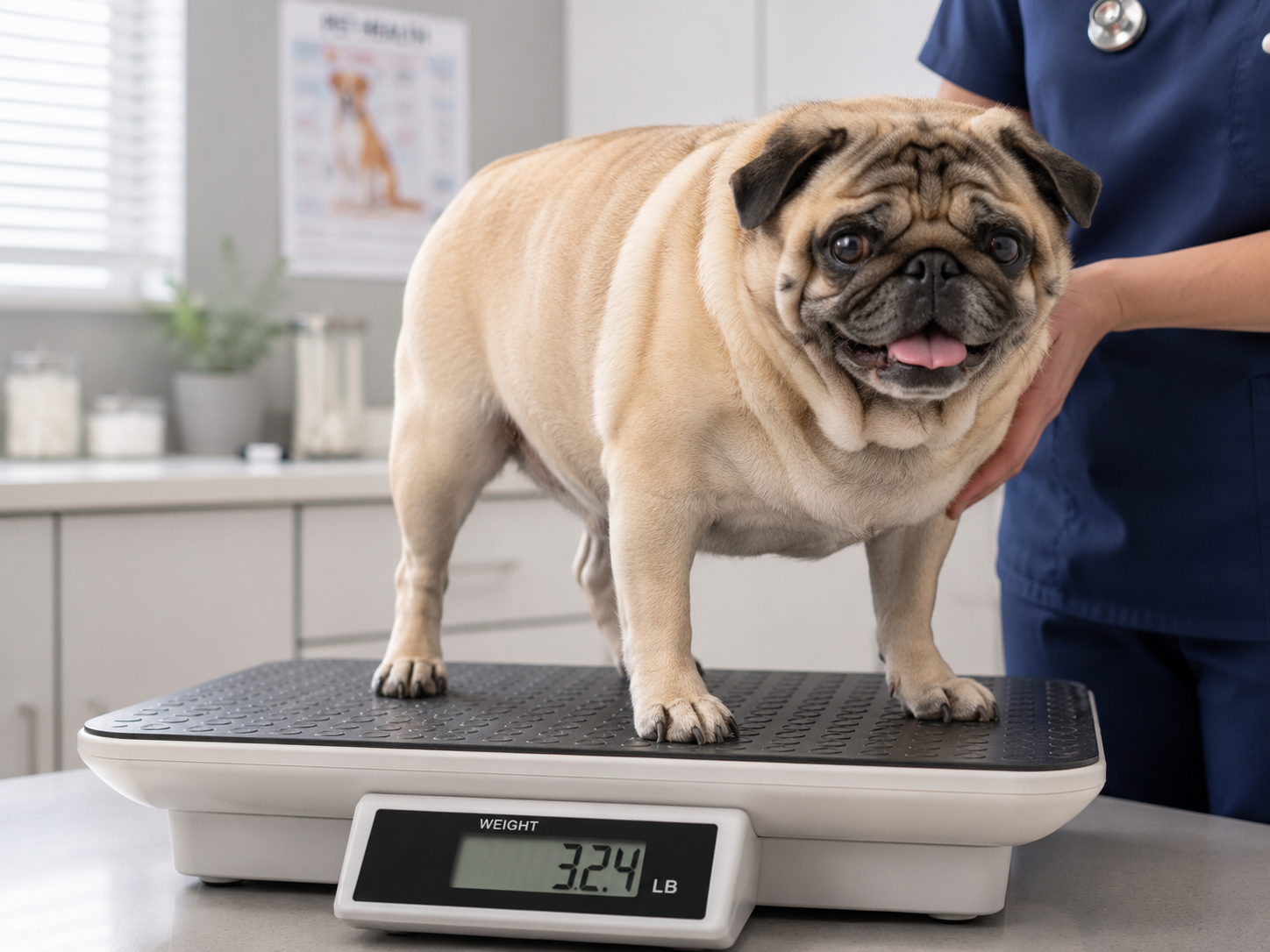 Overweight Pug standing on a veterinary scale during a health assessment