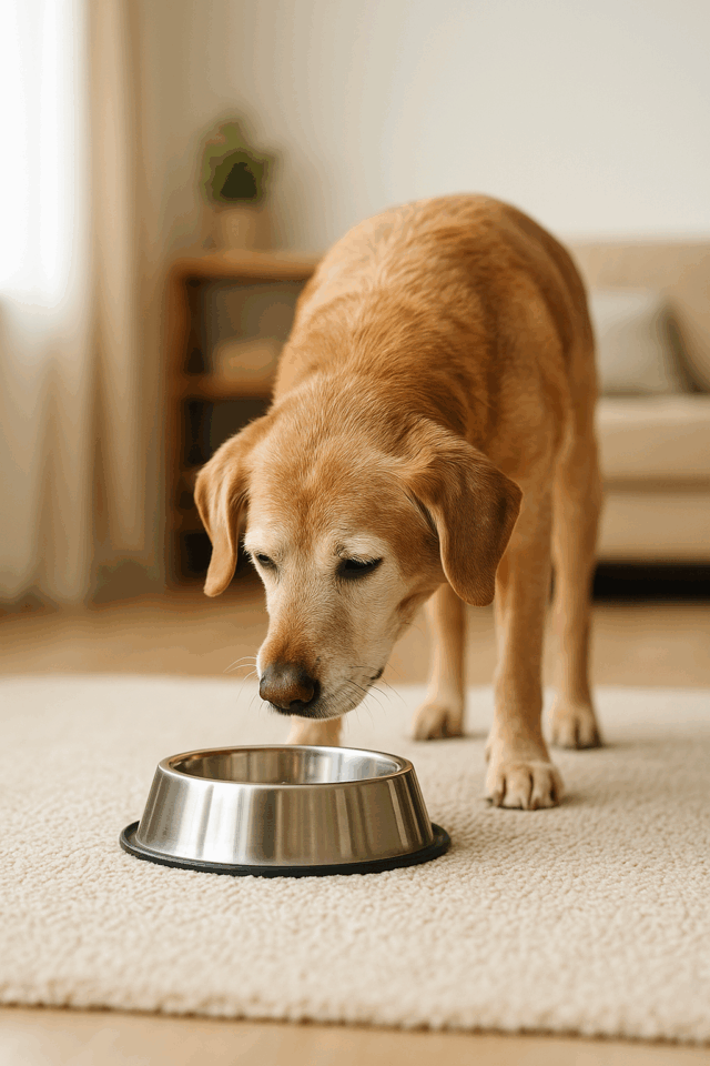senior dogs need a different diet than younger dogs and this image is anolder dog with his food bowl
