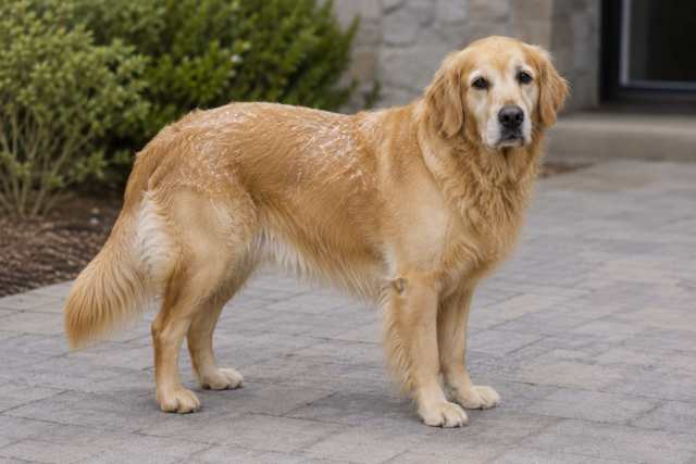 Seborrhea in dogs causing mild flaky skin along a Golden Retriever’s back