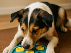 10 Fun Brain Games to Keep Your Dog Mentally Sharp a curious dog playing with a toy to build confidence