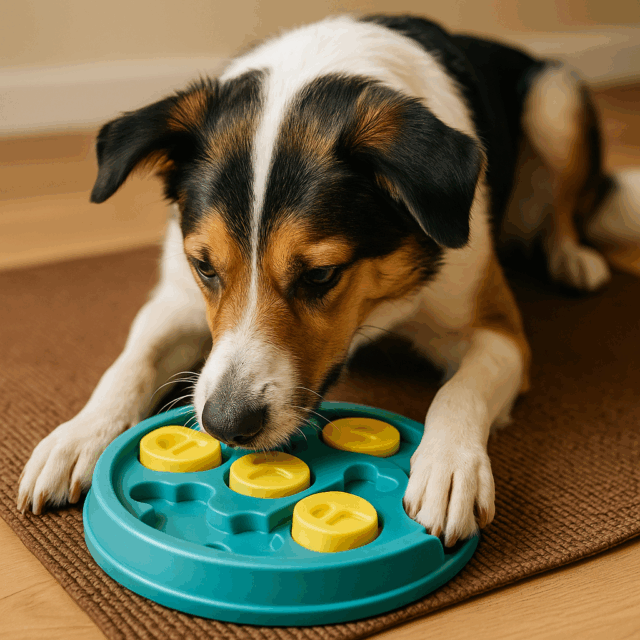 a curious dog playing with a toy to build confidence