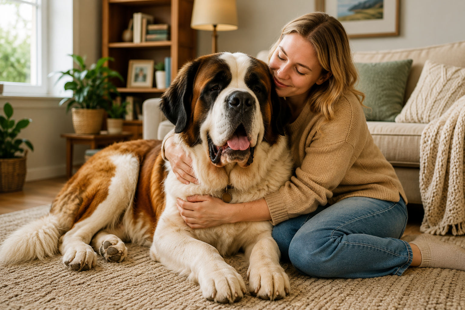 Dog person signs shown by a woman cuddling her Saint Bernard in a cozy living room.