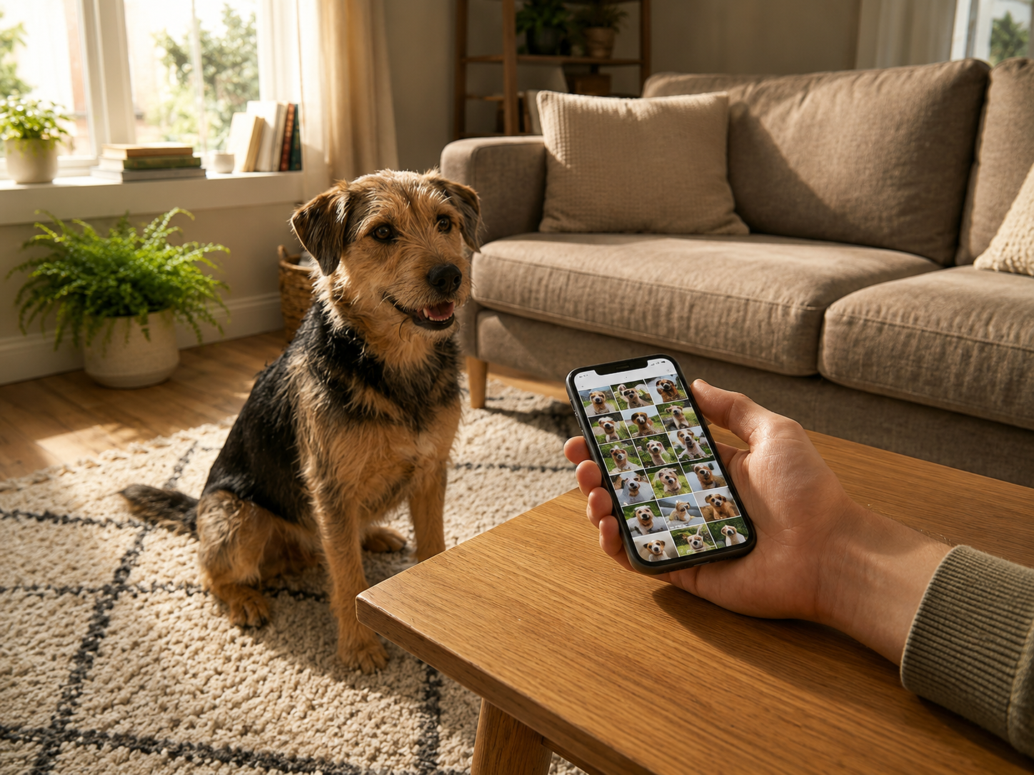 Dog person signs shown by a phone filled with dog photos while a terrier mix sits nearby