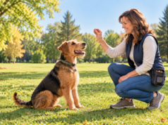 Top Dog Training Mistakes and How to Avoid Them Terrier sitting attentively while a woman uses a treat during positive reinforcement training