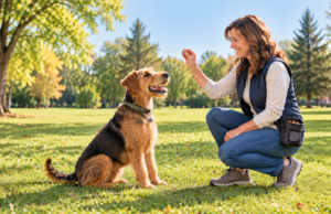 Top Dog Training Mistakes and How to Avoid Them Terrier sitting attentively while a woman uses a treat during positive reinforcement training