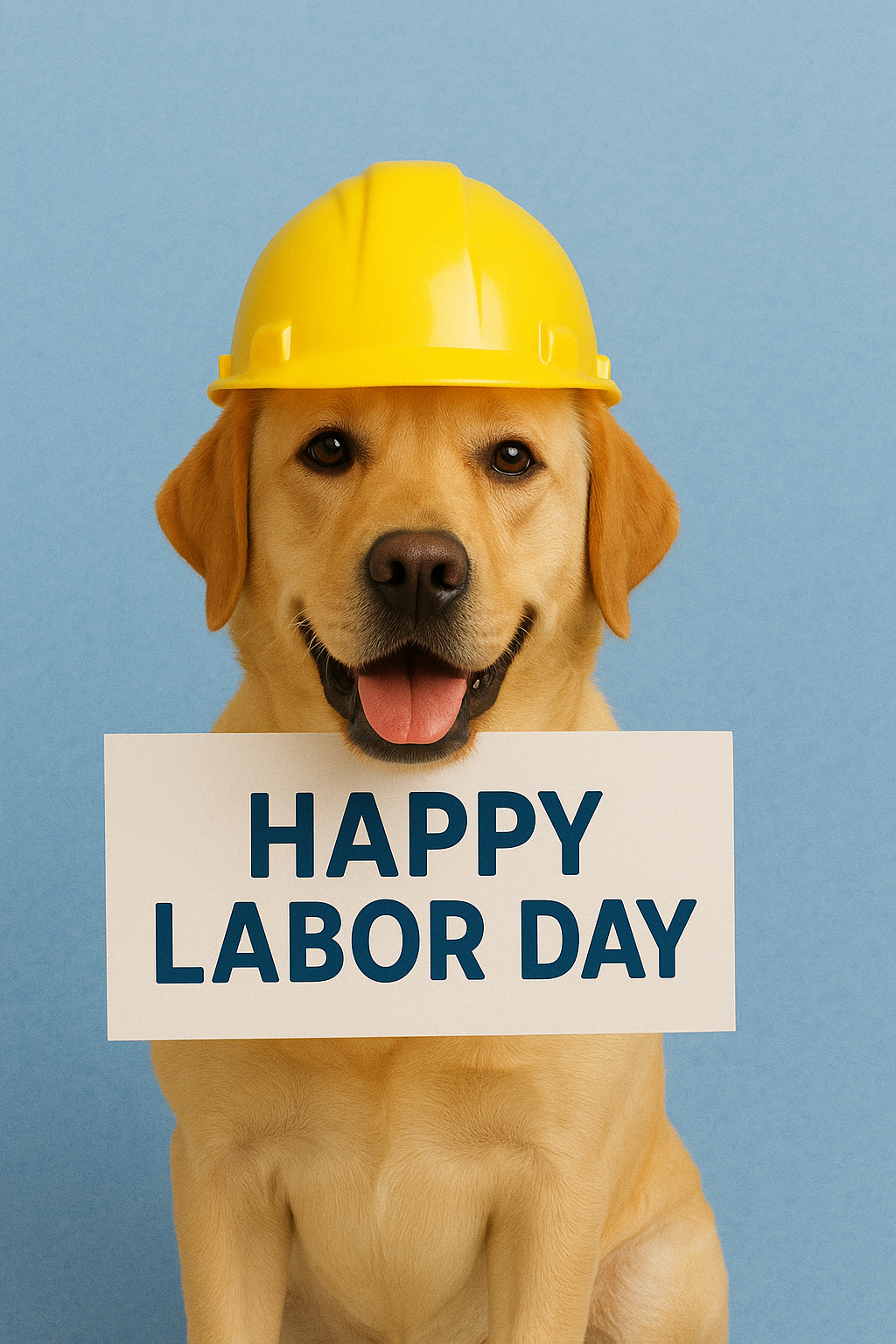 Labrador with hard hat and happy Labor Day sign