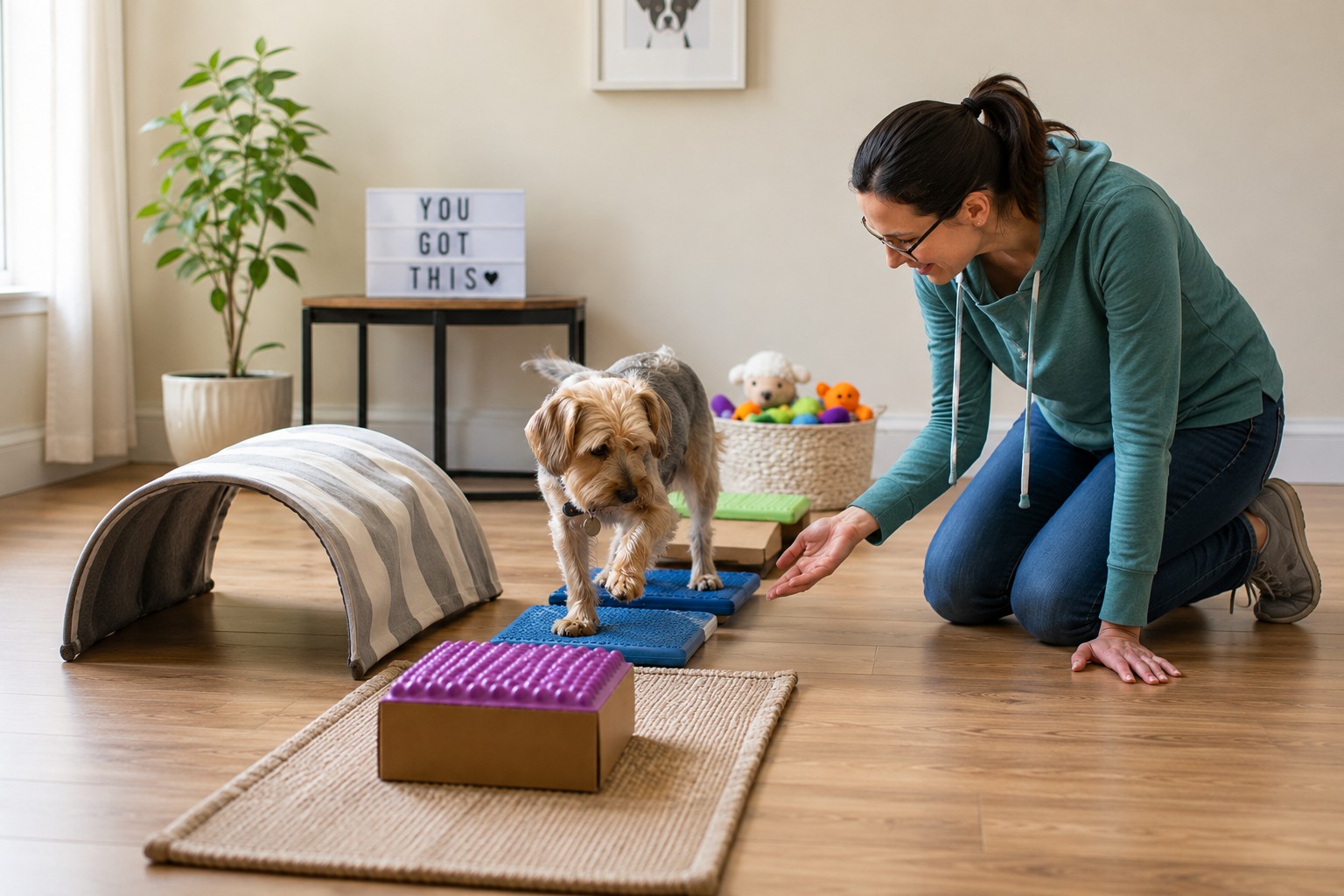 Dog building confidence on a simple indoor obstacle course with gentle guidance