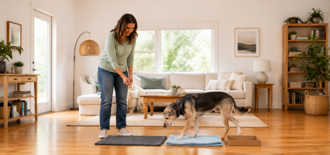 Dog building confidence on a simple indoor training course