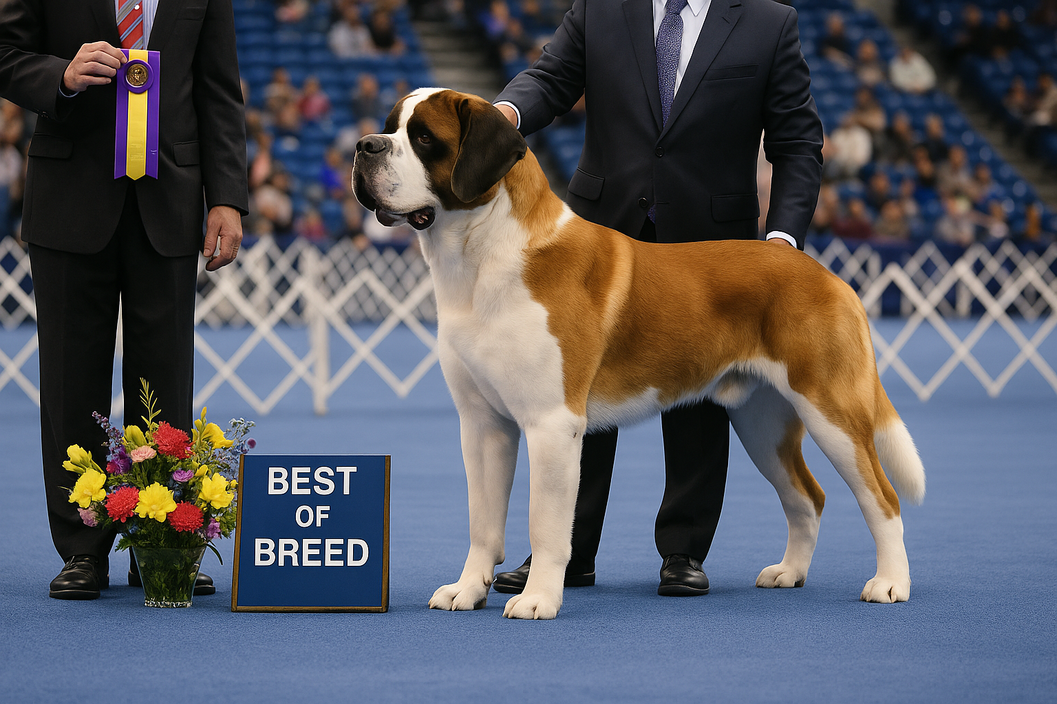 Judge awarding Best of Breed to a Saint Bernard with handler in a large dog show