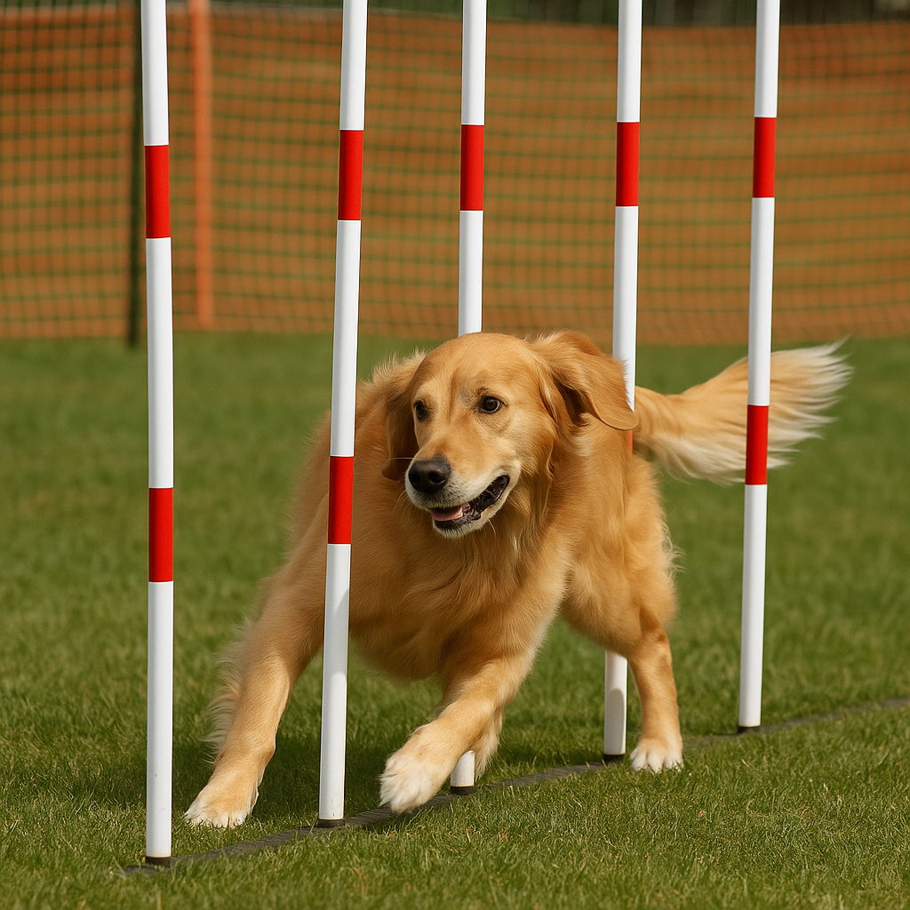 Golden Retriever weaving between poles during a utility and performance event at dog shows