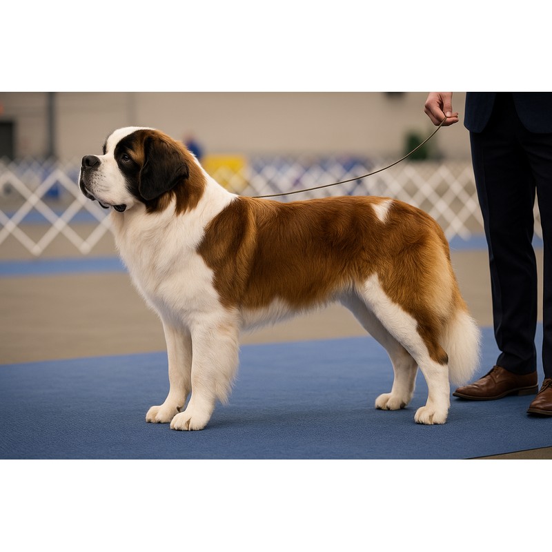 well-bred dogs in the show ring being individually examined by a conformation judge