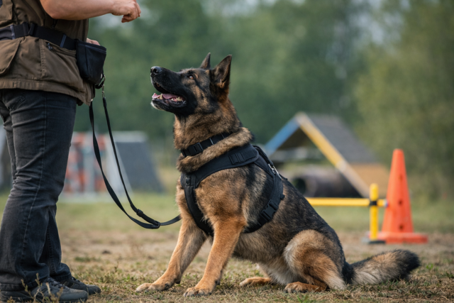 working dog instincts shown through focused training and handler engagement