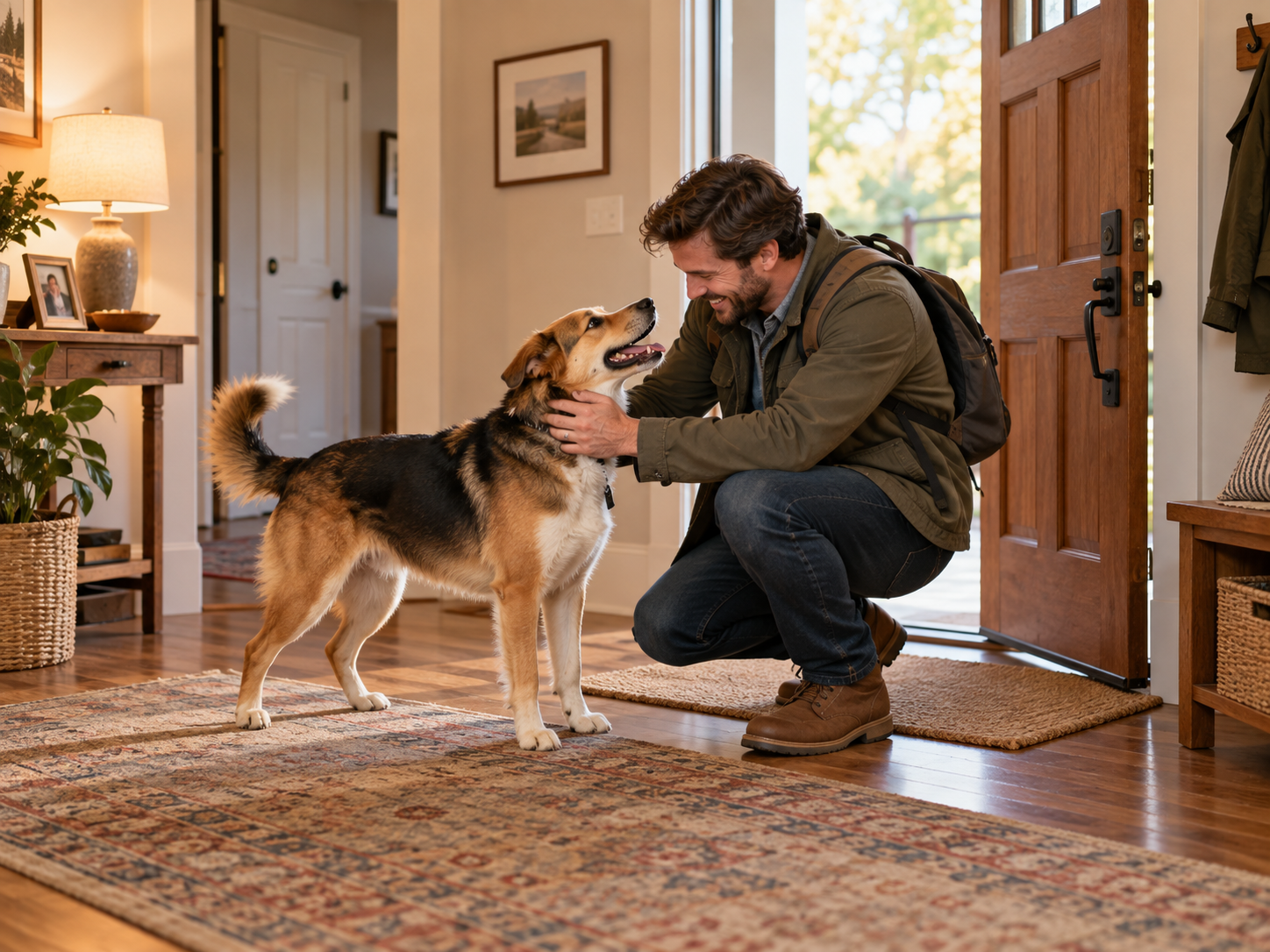 Mixed-breed dog greeting his owner warmly inside the front door
