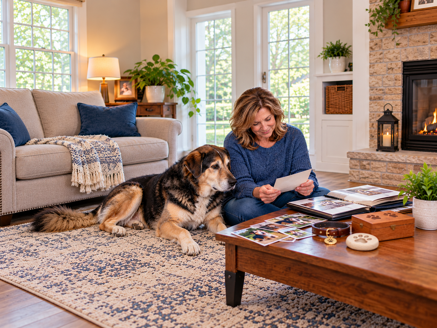 Woman looking through photos and keepsakes with her dog beside her