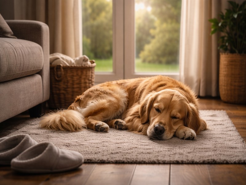 life with dogs reflected in a quiet moment as a dog rests in a familiar home space 