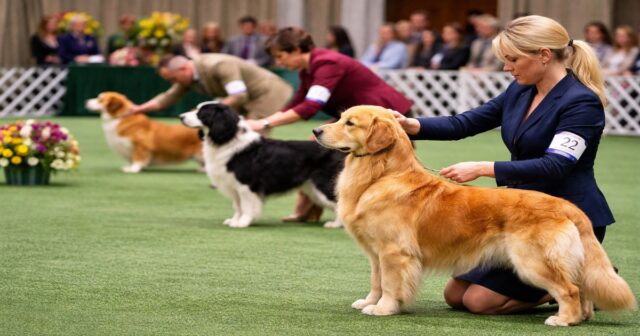 well-bred dogs in the show ring being evaluated by judges during a conformation competition