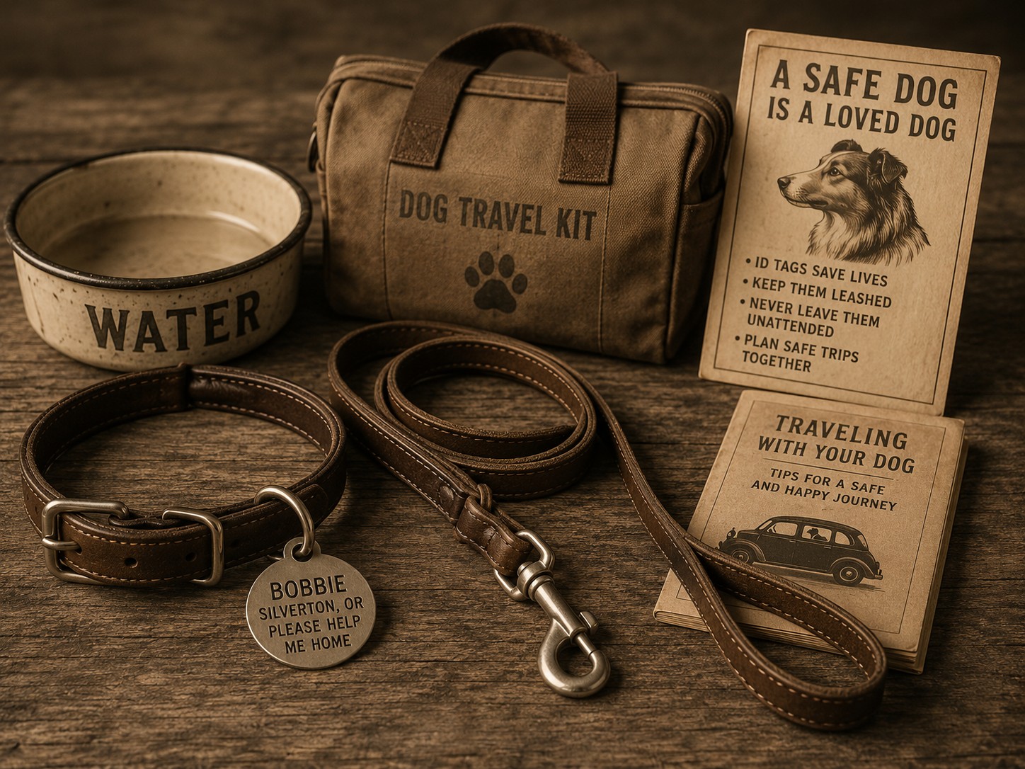 Dog safety items including ID tag leash and travel gear