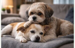 When One Dog Knew Exactly What to Do dogs helping other dogs as one comforts another during a quiet recovery at home