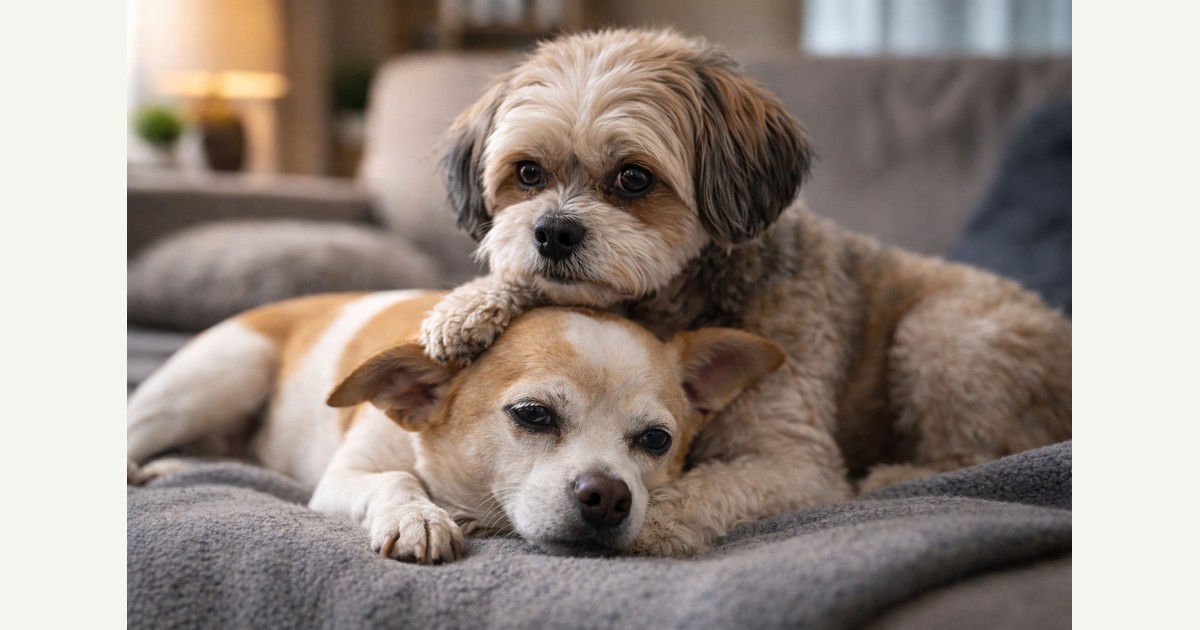 dogs helping other dogs as one comforts another during a quiet recovery at home