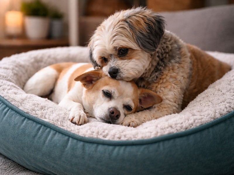 dogs helping other dogs resting together in a teal bed during recovery at home