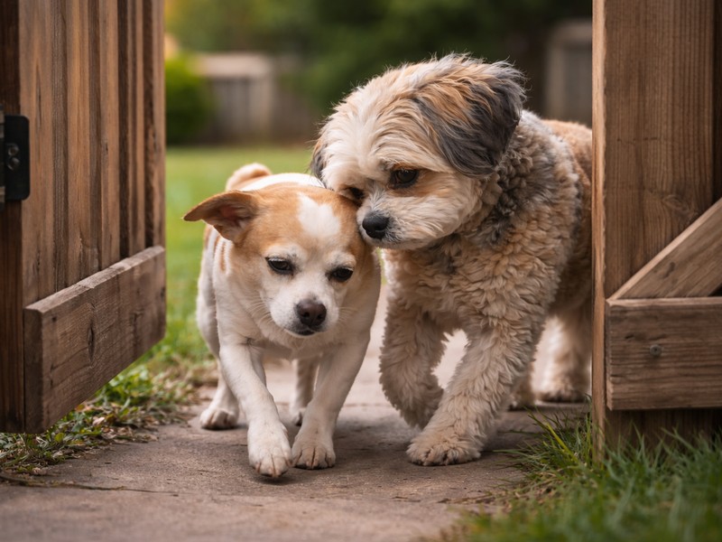 dogs helping other dogs as one gently guides a companion through a backyard gate