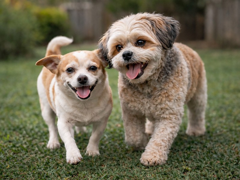 dogs helping other dogs walking happily together across a sunny backyard lawn