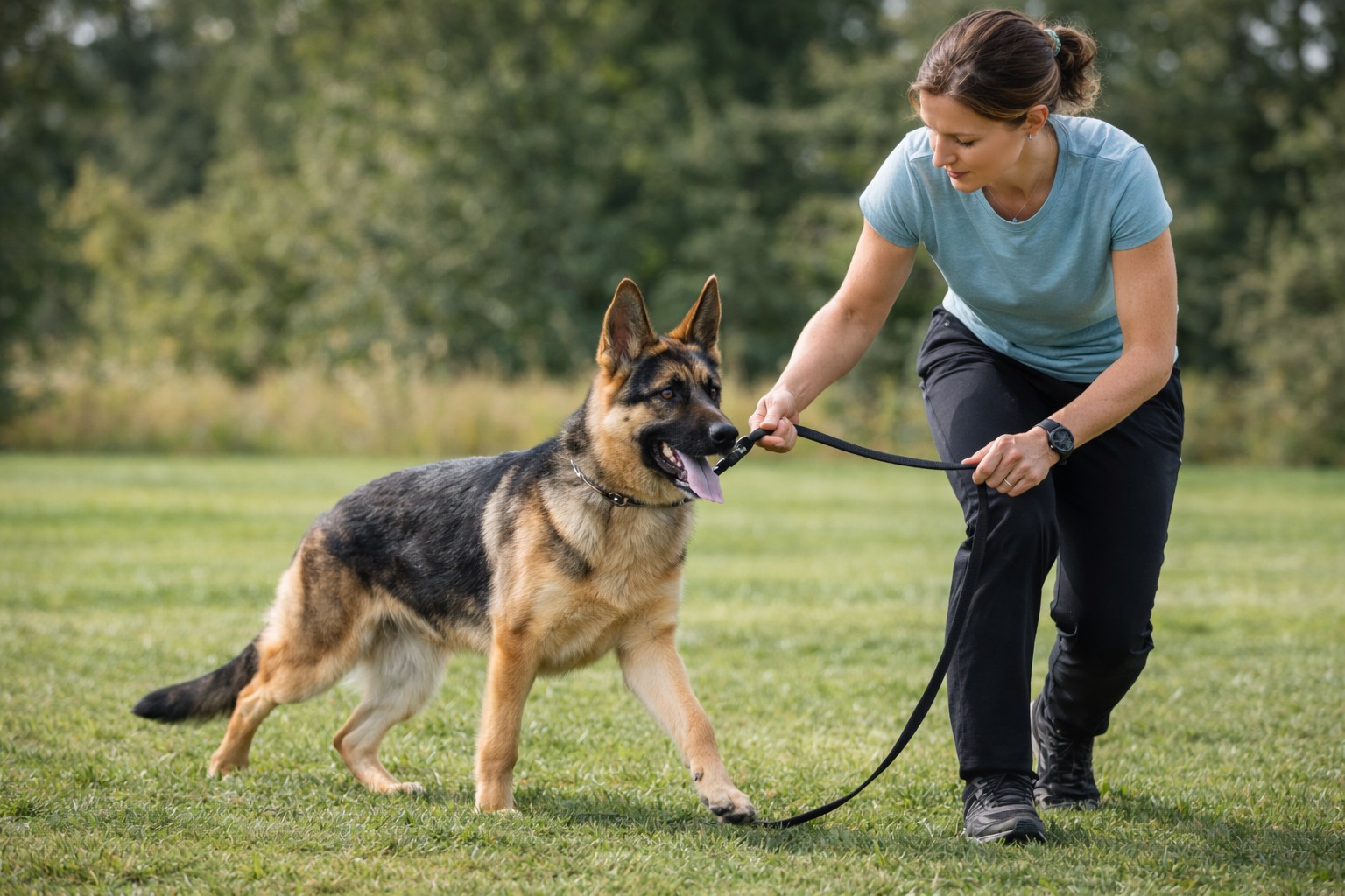 “Handler conditioning a young show dog outdoors using controlled leash work to prevent a show dog from peaking too early.”