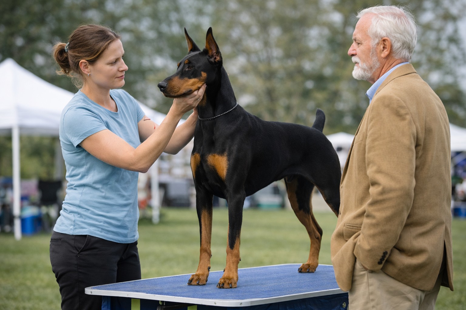 Handler evaluating a Doberman Pinscher on a grooming table after competition to prevent a show dog from peaking too early