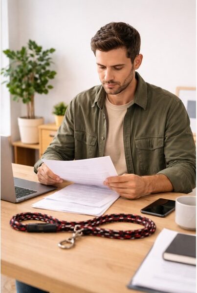 Person reviewing dog ownership and registration paperwork beside a leash for a champion dog divorce case