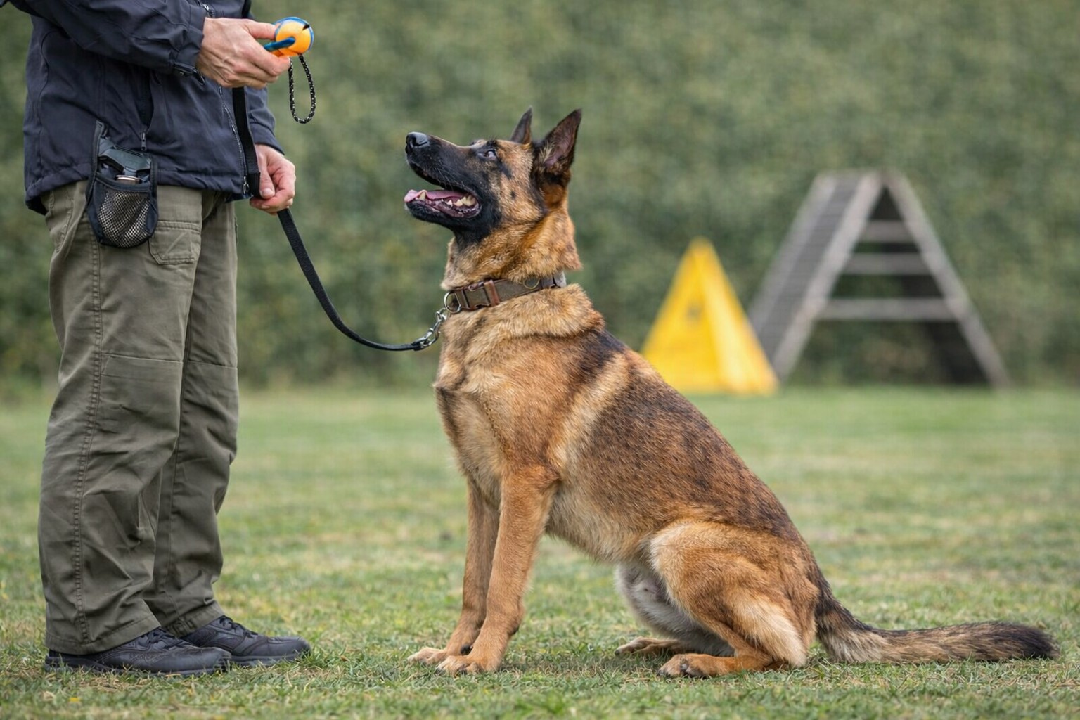 working dog traits demonstrated through focused training as a belgian malinois watches its handler holding a reward toy
