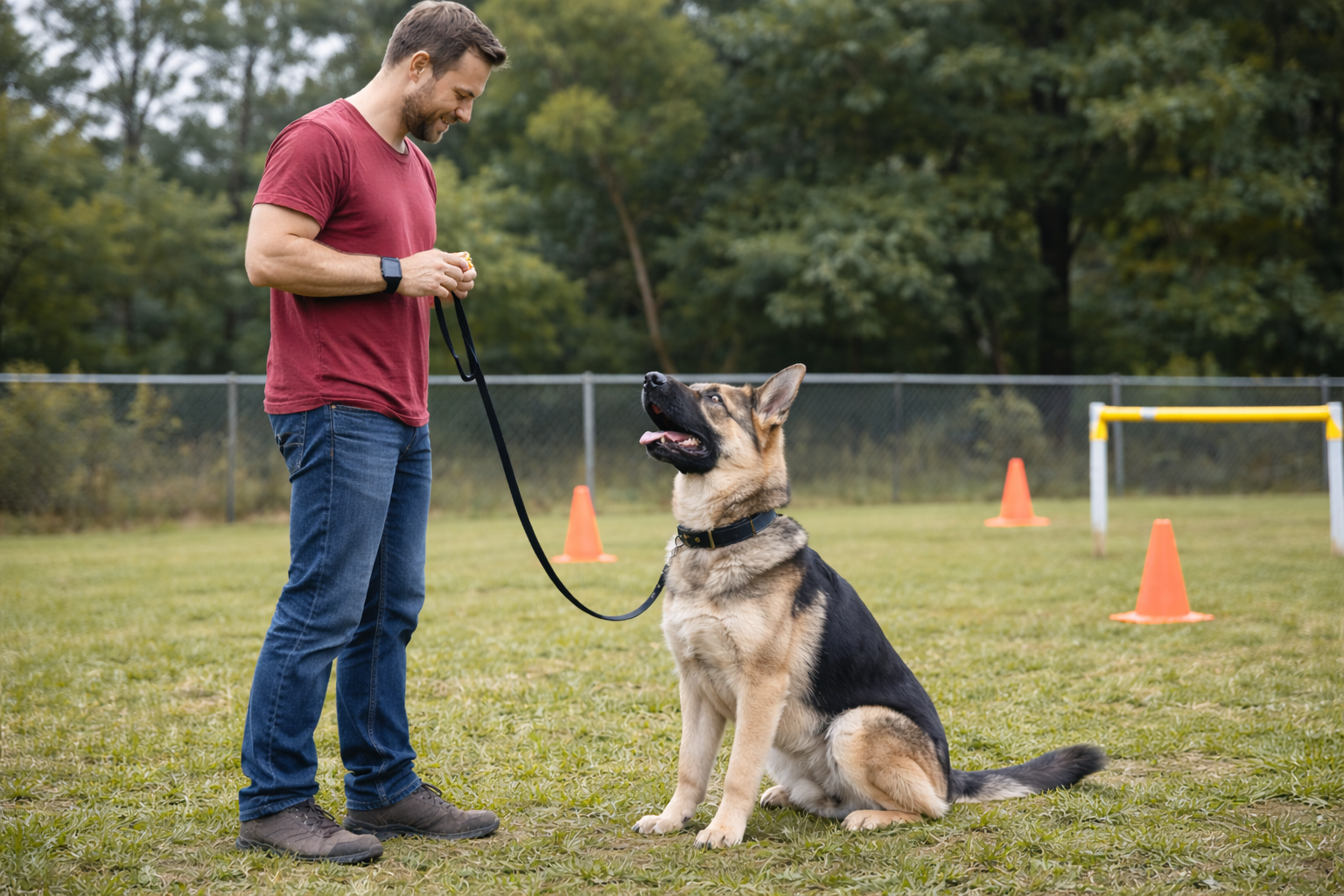 German Shepherd practicing obedience training with handler during a calm training session