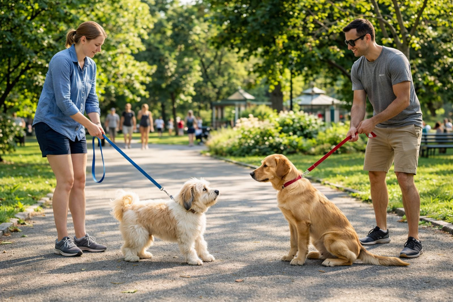 two dogs calmly observing each other on leash with relaxed posture demonstrating good impulse control in a public setting