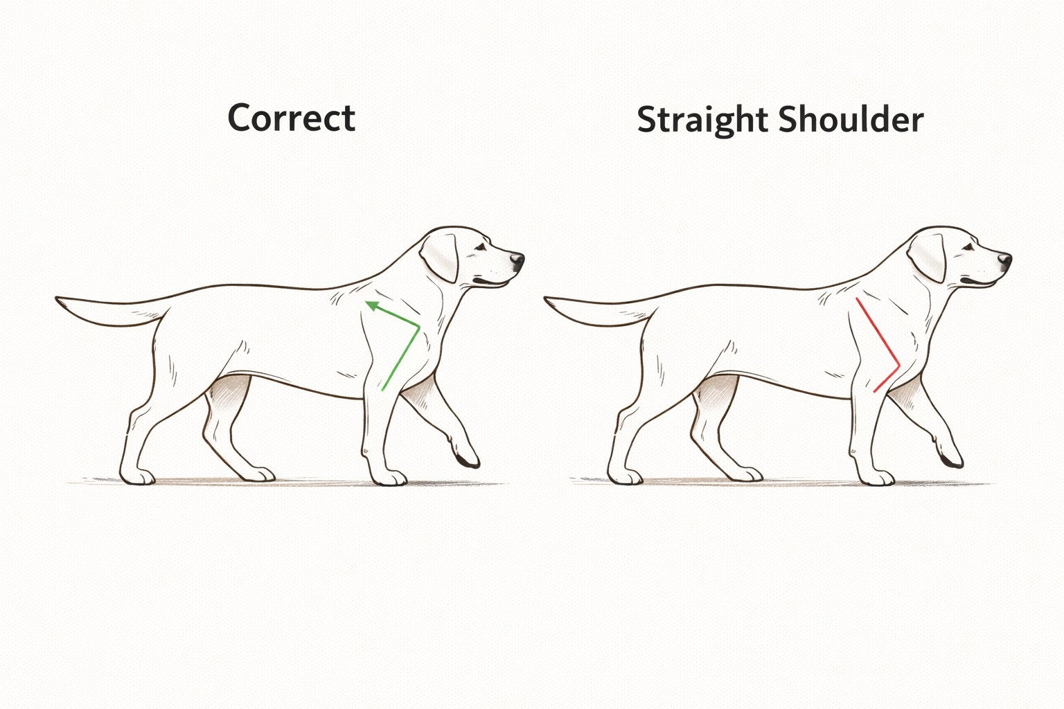 correct versus straight shoulder angulation affecting reach in canine movement