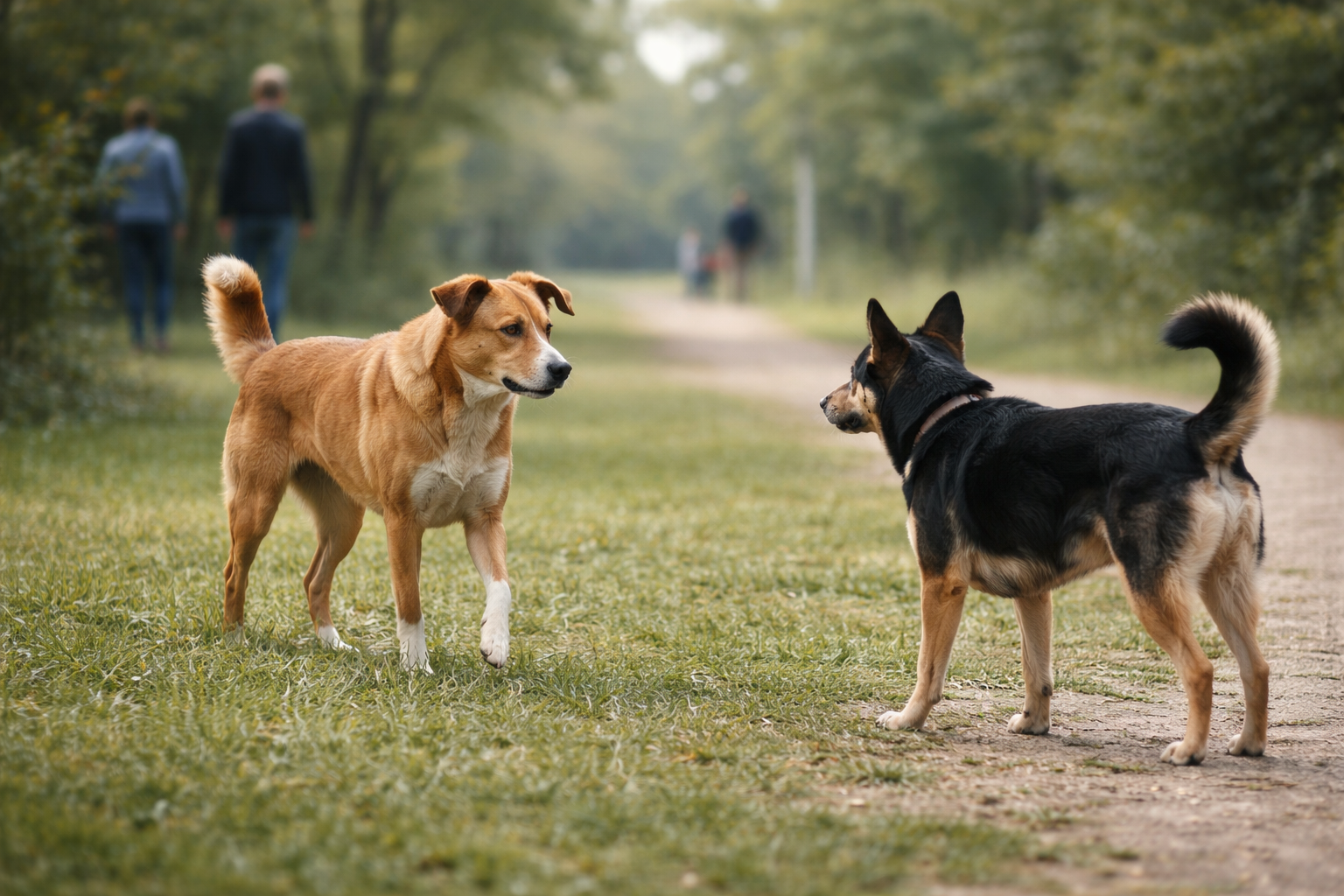 two dogs calmly observing each other with relaxed posture in a park environment