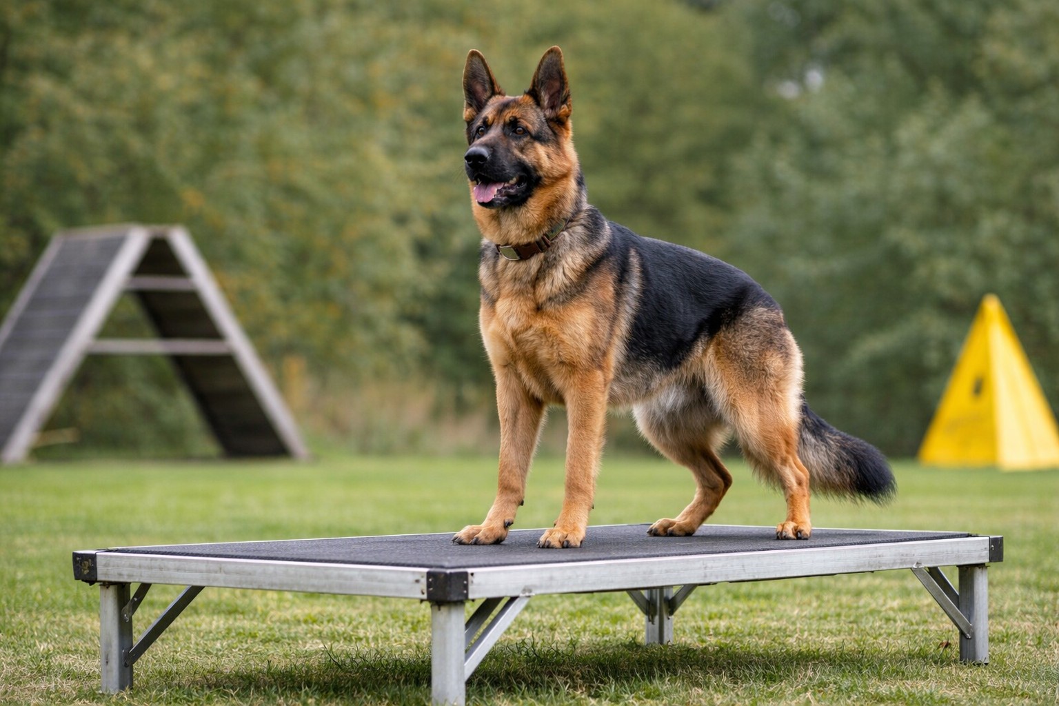 working dog traits demonstrating nerve strength and stability as a german shepherd stands confidently on a training platform