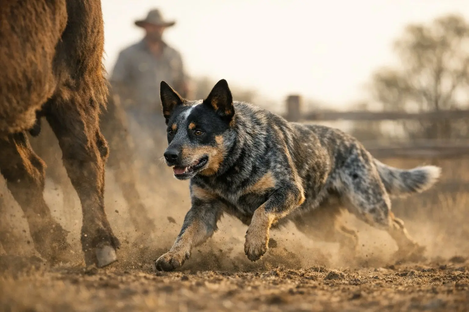Australian Cattle Dog work driving cattle across open ranch pasture