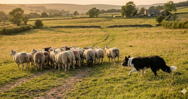 herding dog nipping border collie controlling sheep movement in open field