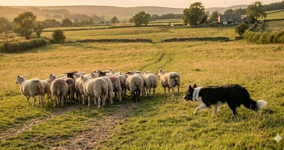 herding dog nipping border collie controlling sheep movement in open field