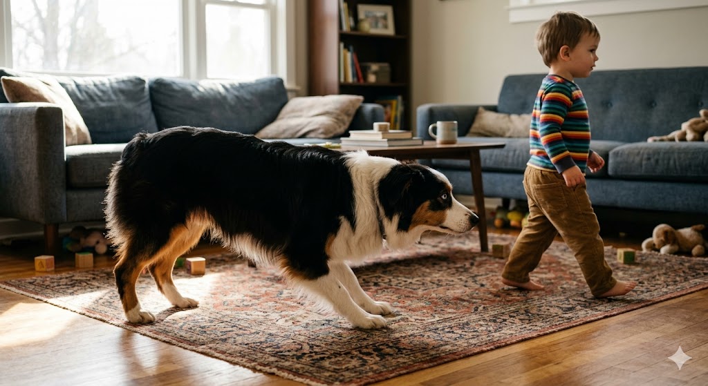 herding dog nipping australian shepherd reacting to movement indoors