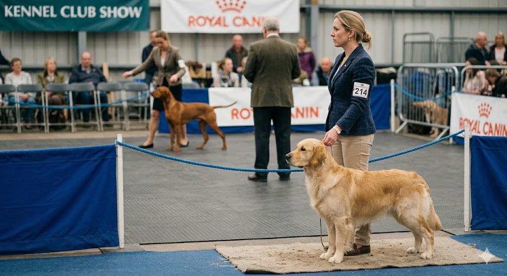 dog show handler outside ring watching another dog being presented inside the show ring