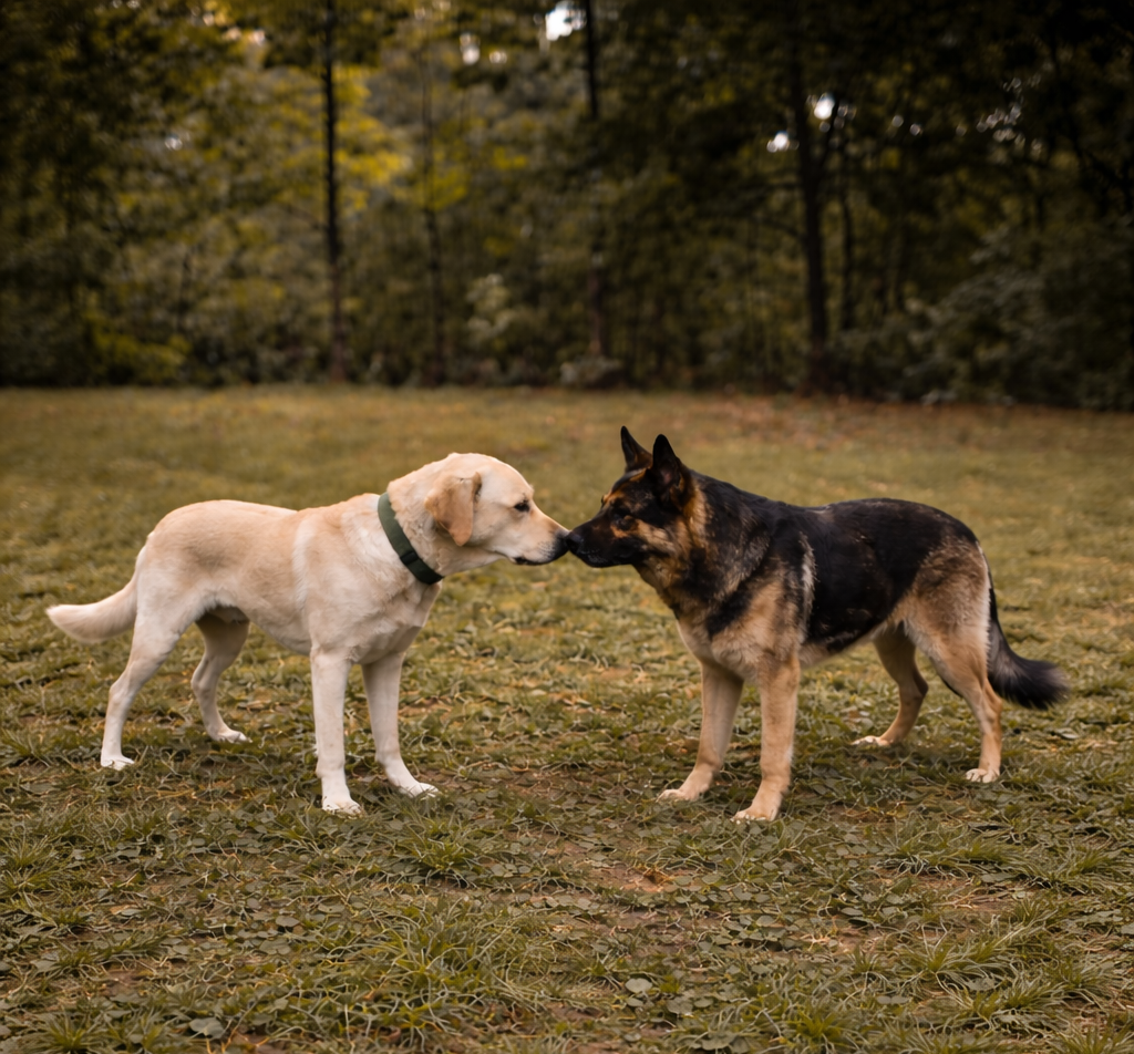 stable dog temperament signs calm interaction between two dogs standing in park