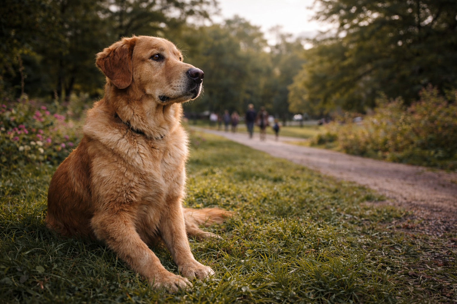 stable dog temperament signs calm golden retriever observing park environment