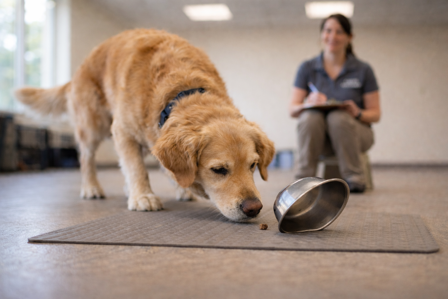Golden Retriever demonstrating recovery behavior by calmly sniffing a fallen object during a temperament evaluation