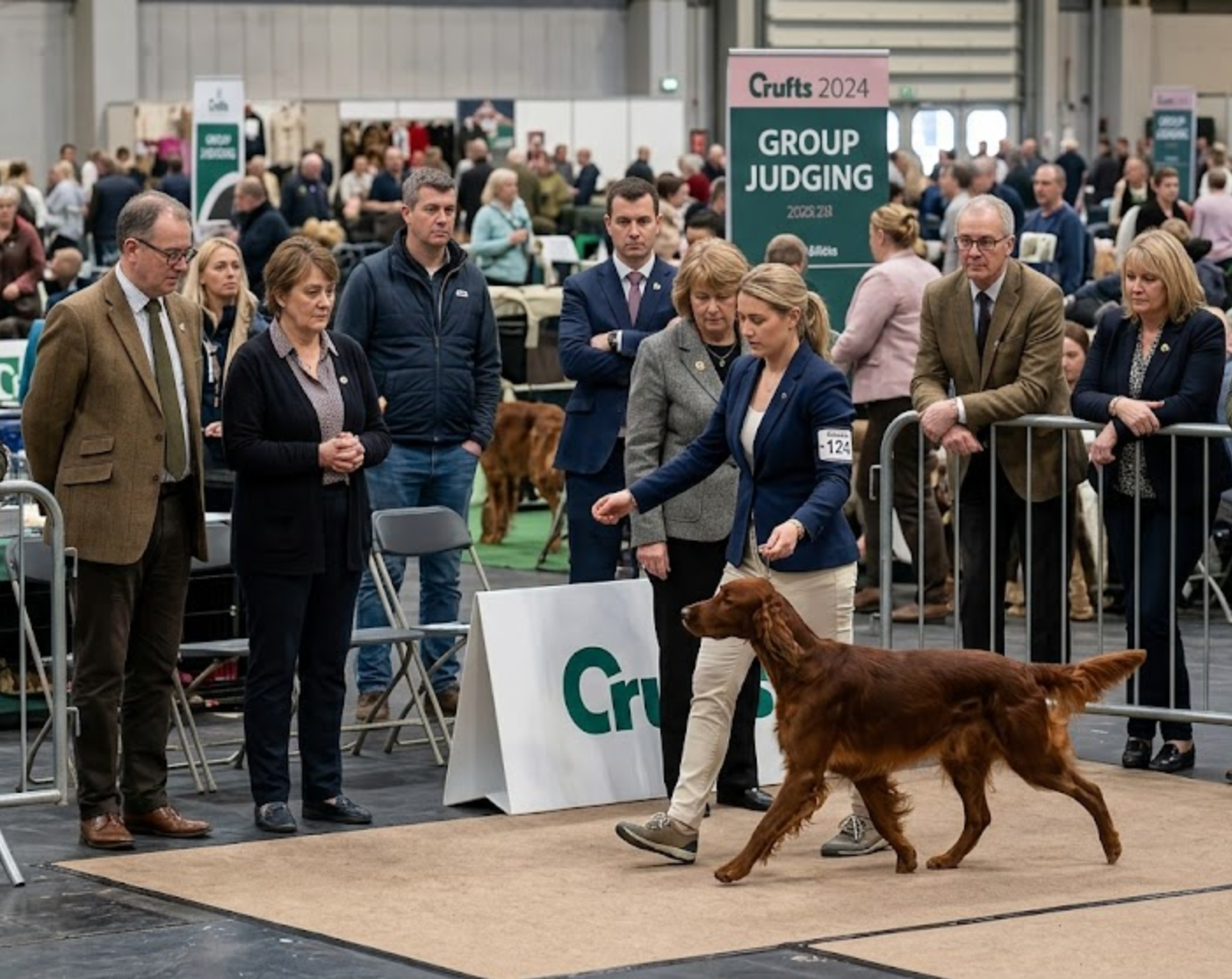 Dog show crowd watching a handler present a dog in the ring